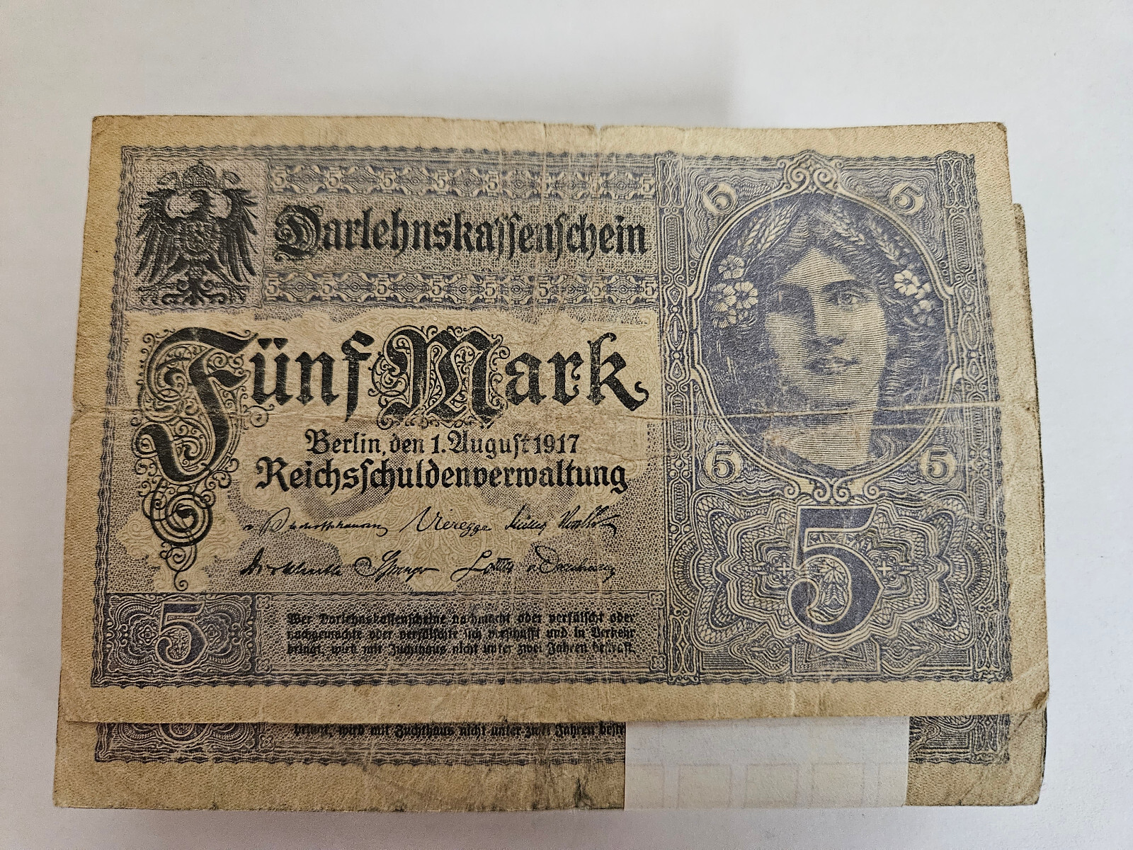 GERMANY BERLIN 1917 - 5 MARK REICHSBANKNOTE  / SOLD AS EACH