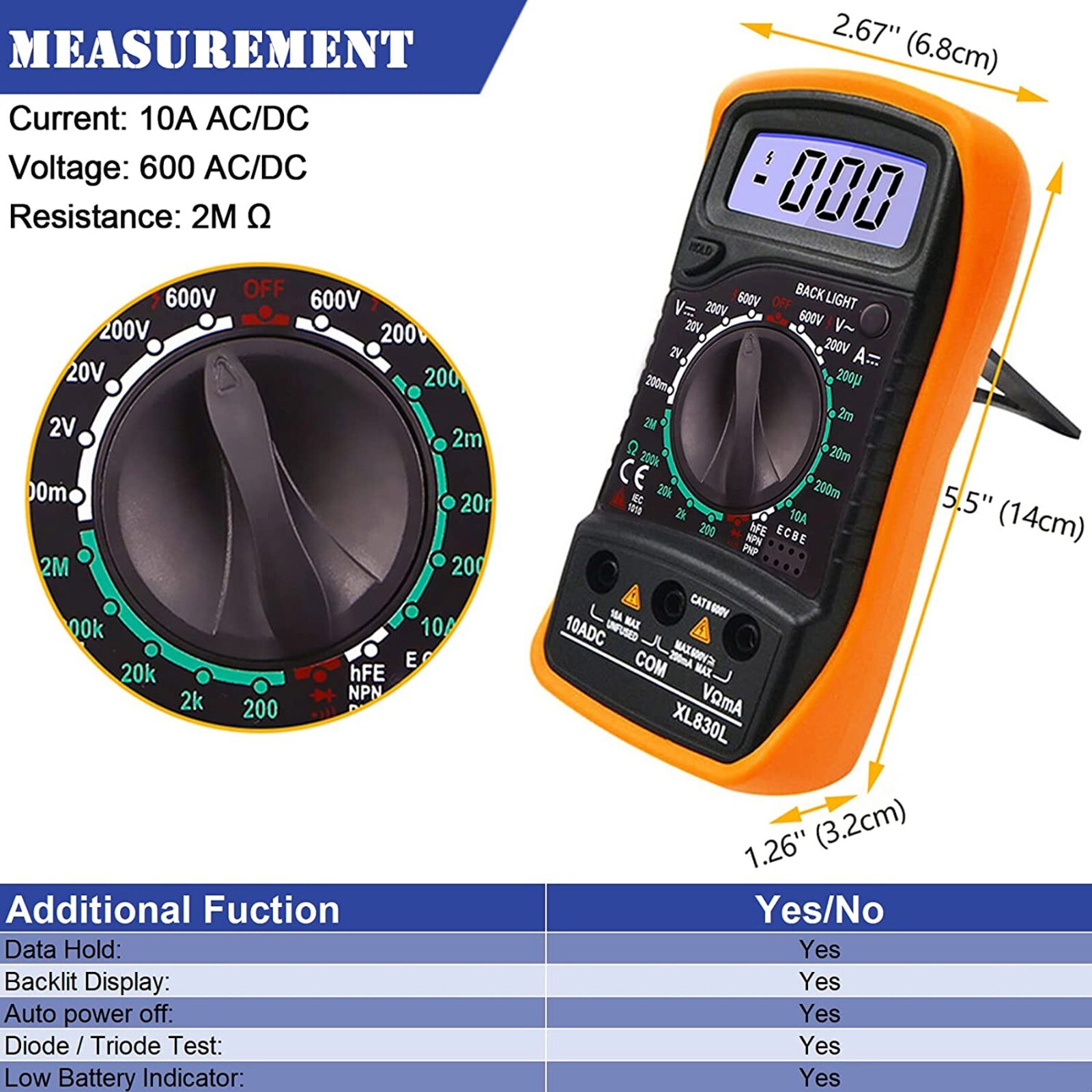 Digital Multimeter AC DC Voltmeter Ammeter Ohmmeter Back Probe Test Leads