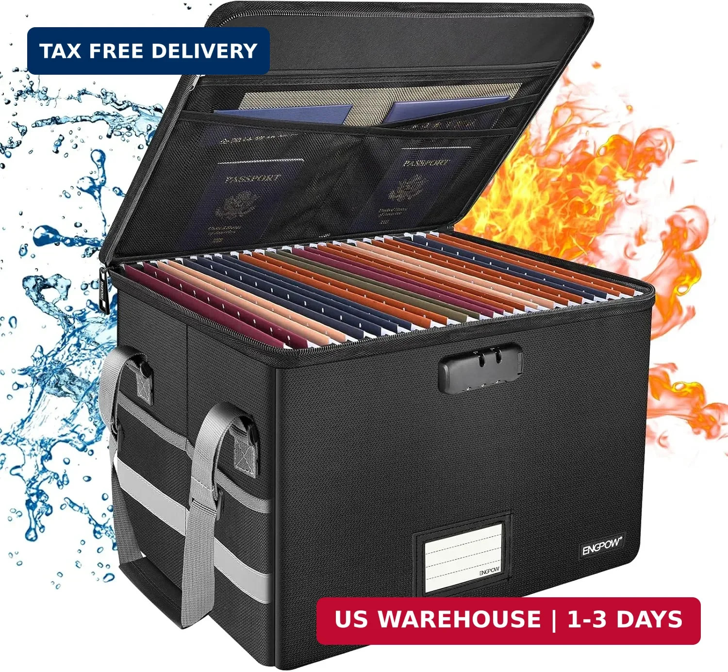 File Box with Lock,Fireproof Document Box with Zipper&Pockets,Collapsible