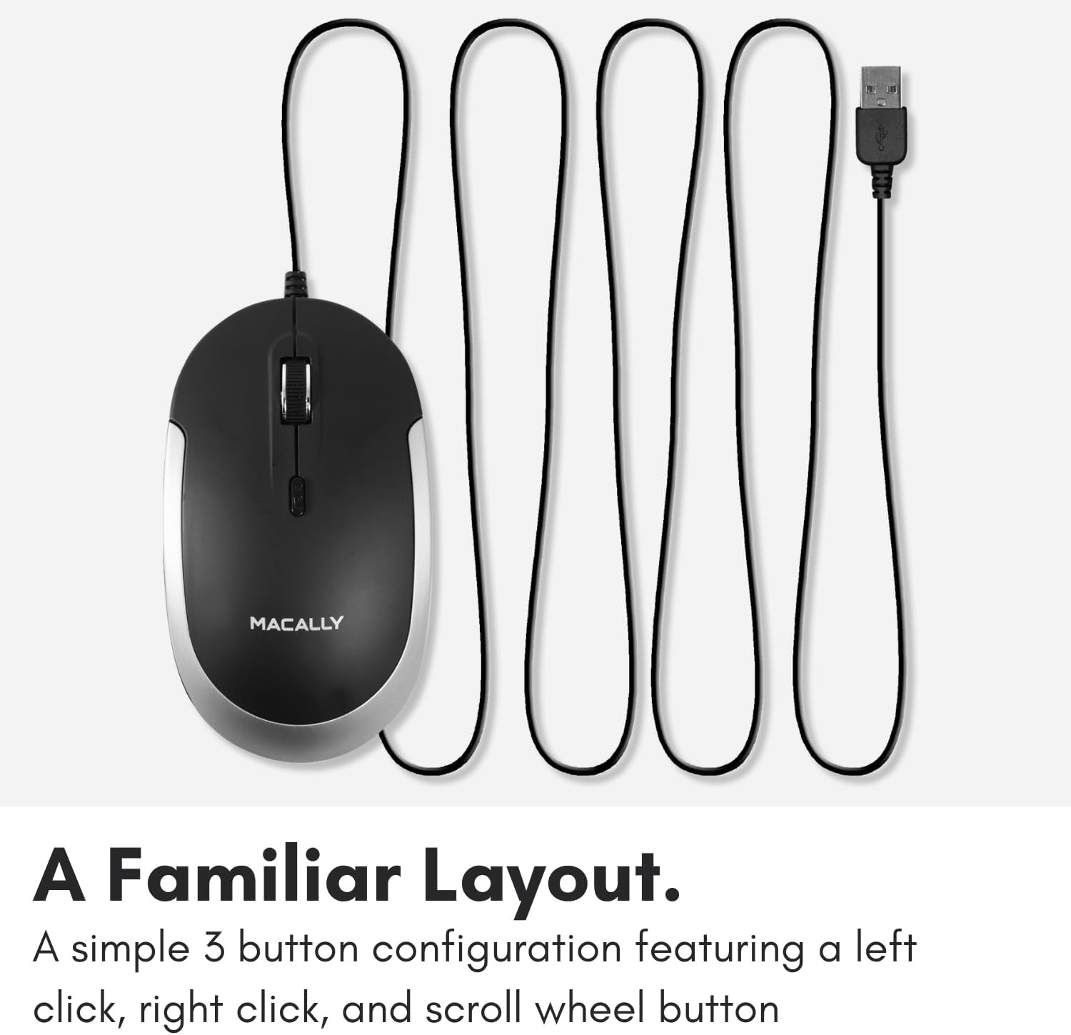 Macally Silent Wired Mouse - Slim & Compact USB Black with Space Gray Trim
