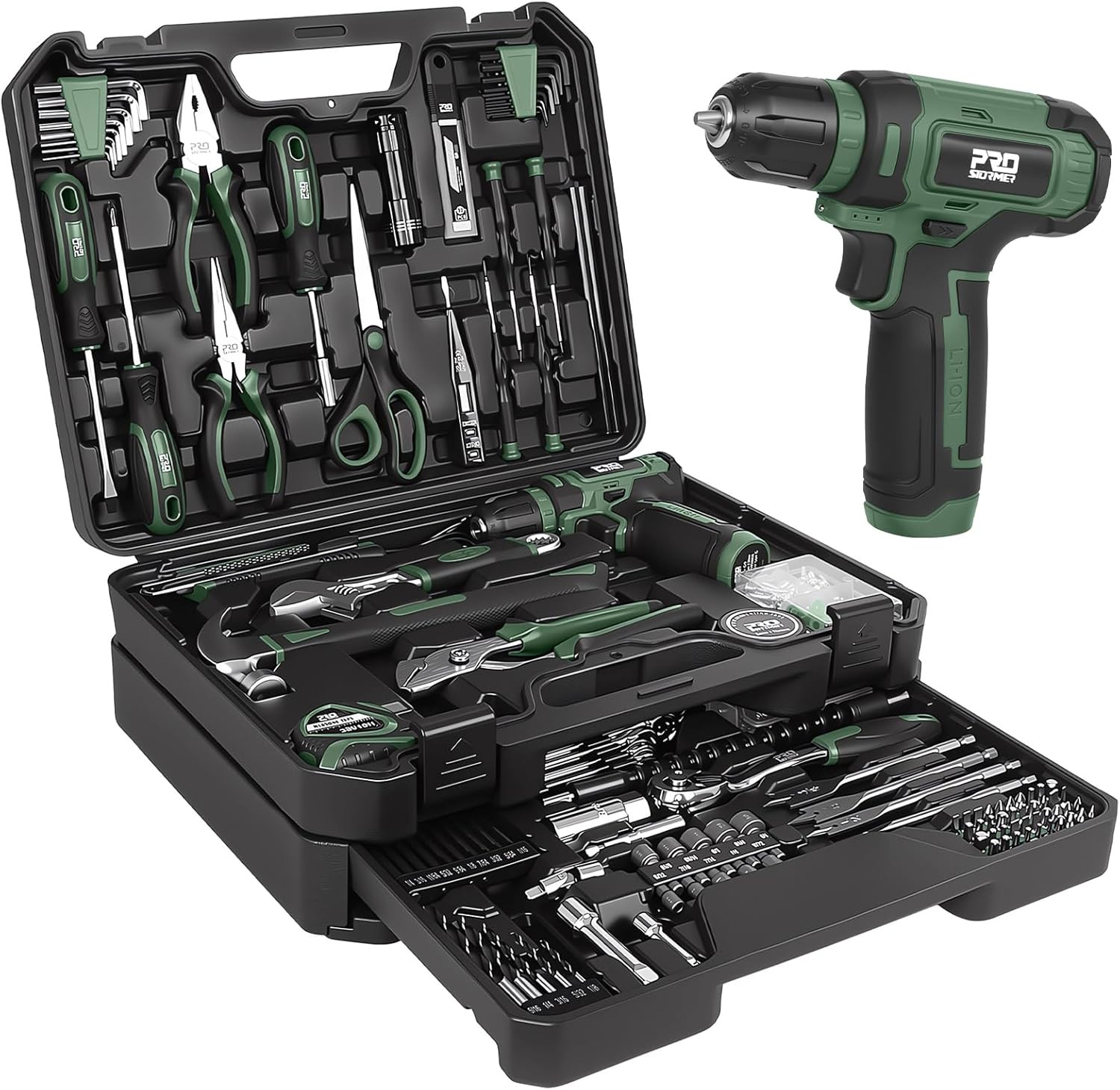 Prostormer Tool Set with 8V Cordless Drill, 369-Piece Home Tool Kit with Drill D