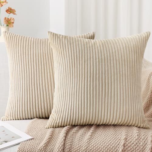 Corduroy Throw Pillow Covers 18x18 Set of 2 - 18" x 18" (Pack of 2) Beige