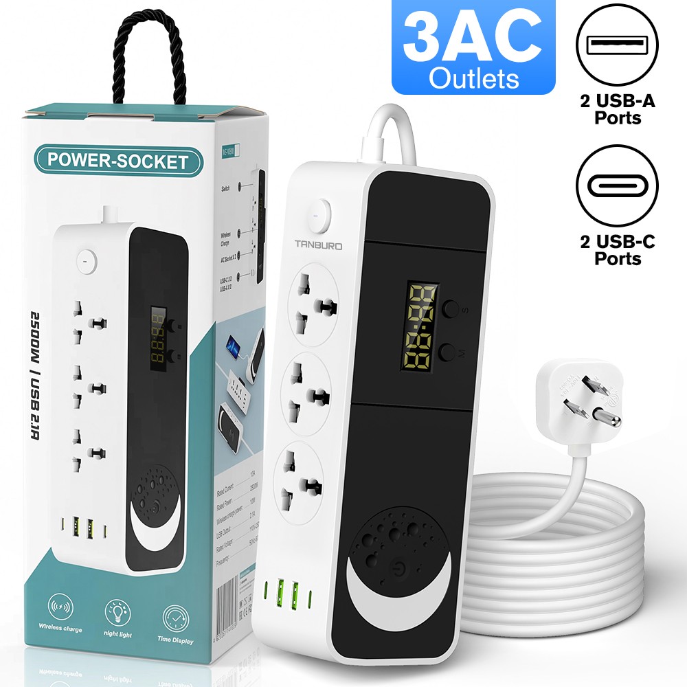 3 Outlet Surge Protector Power Strip 2USB A+2USB C with Night Light &Clock 6.5FT