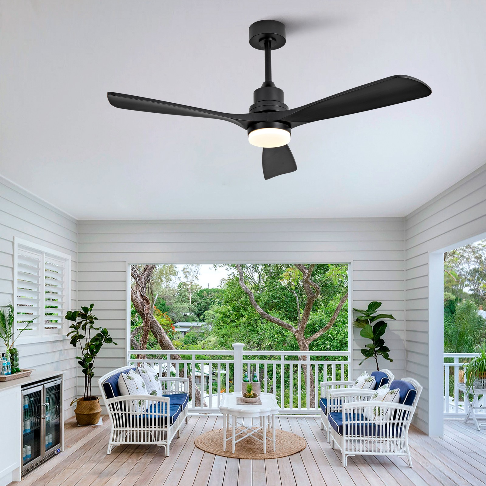 52" Modern Black Ceiling Fan With Light 3 Solid Wood Blades Remote Control