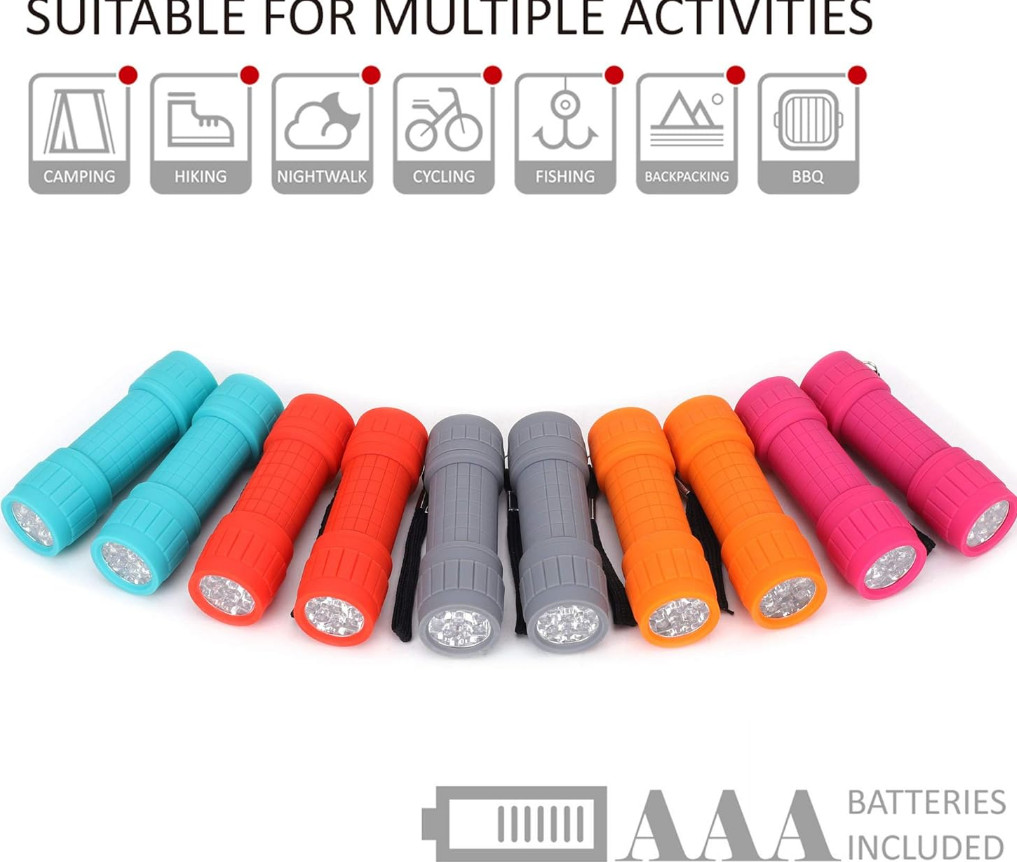 10-Pack, 9-LED Mini Flashlight Set, AAA Batteries are Included and Pre-Installed
