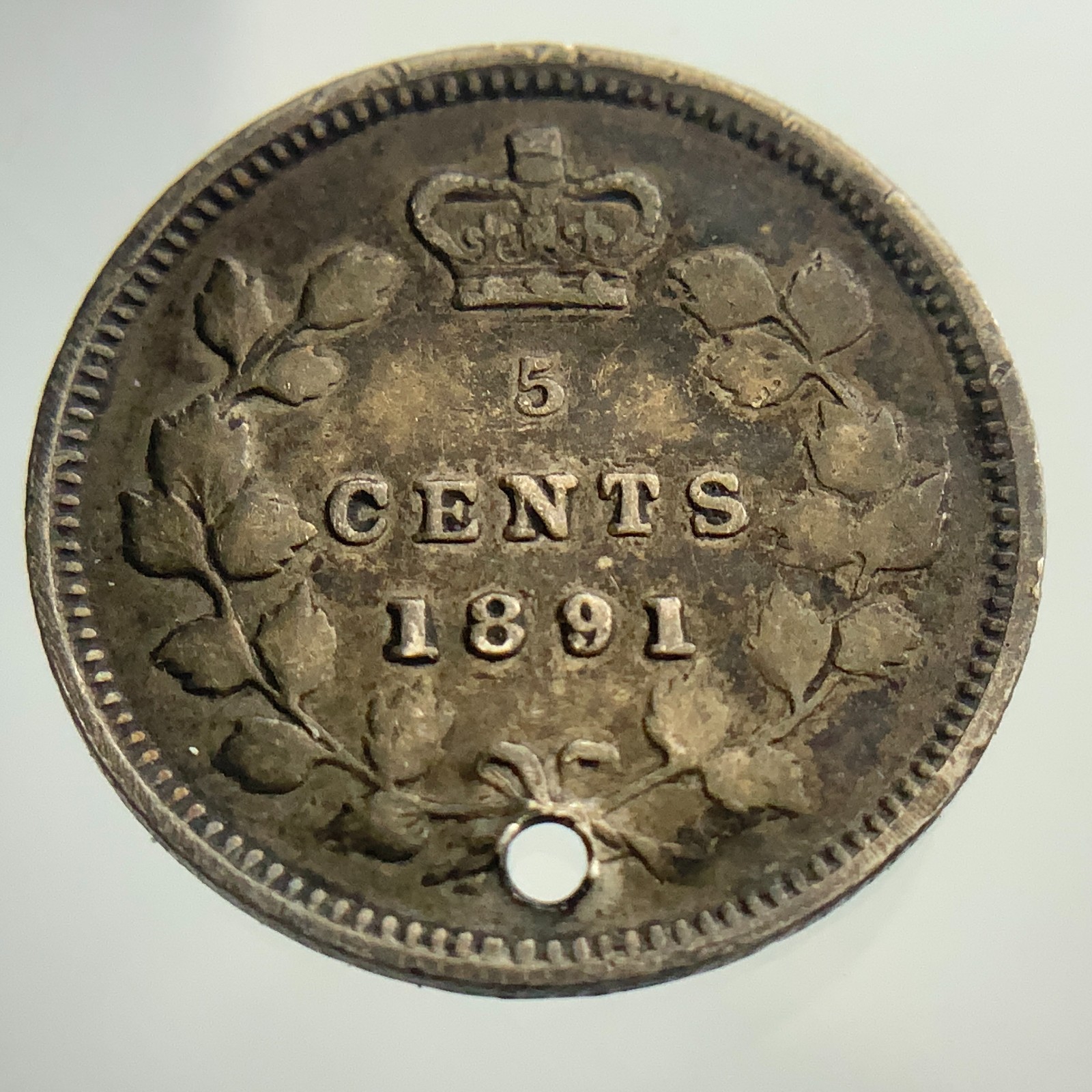 1891 Canada Obverse 5 Five Cents Small Silver KM# 2 Circulated Coin Hole KK573