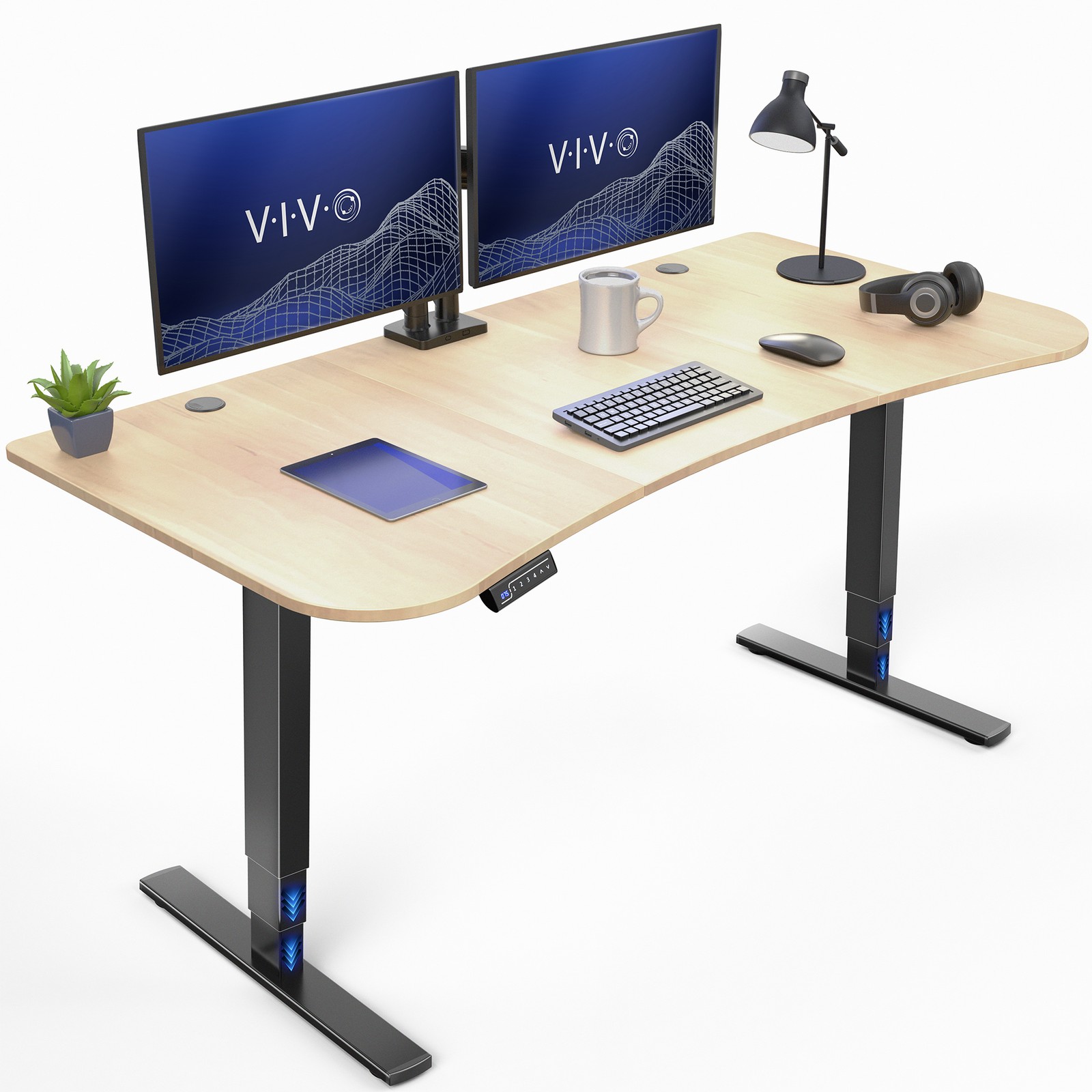 VIVO Electric 63" x 32" Stand Up Desk, Light Wood Table Top, Black Frame