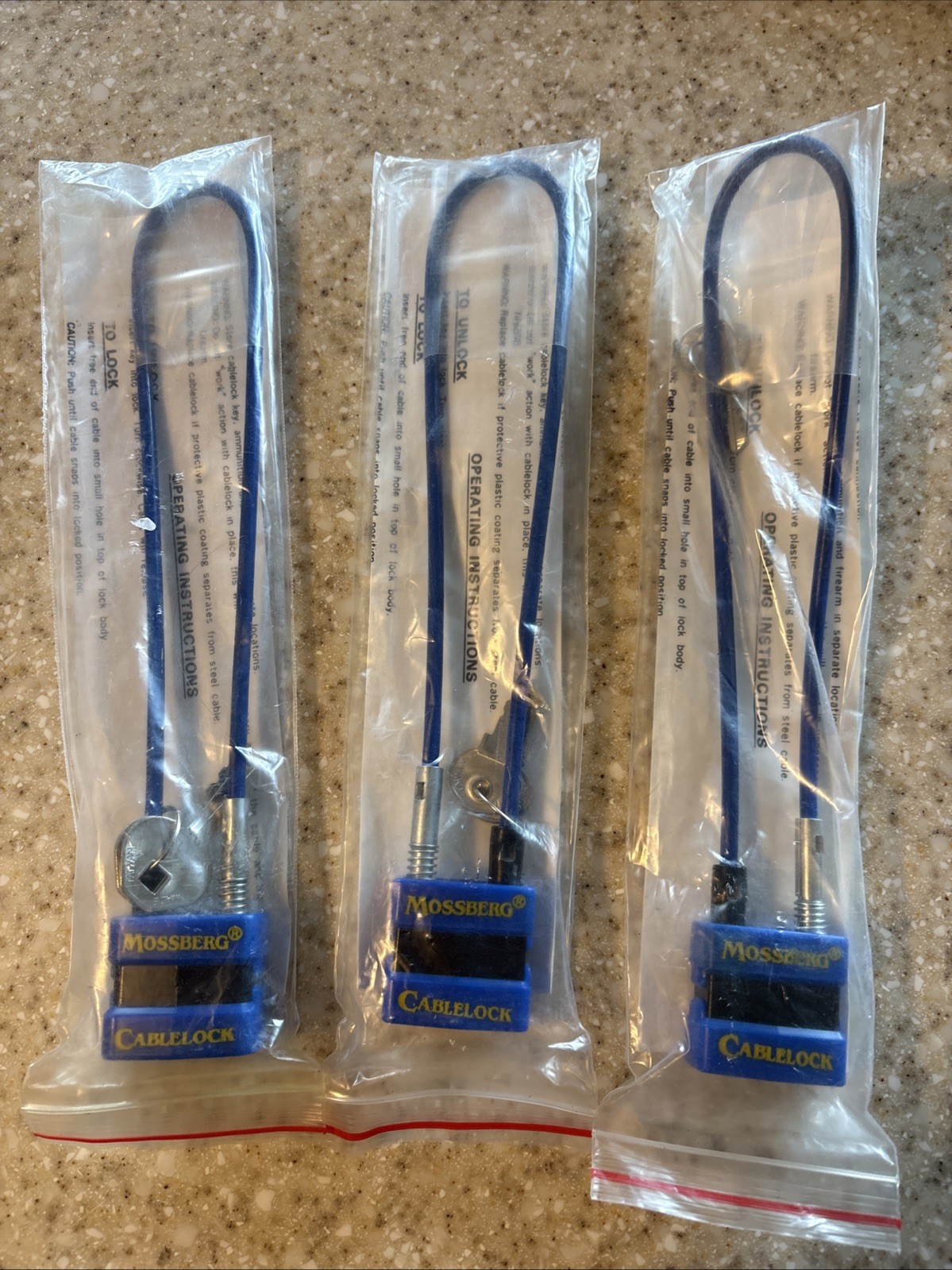 3 NEW Mossberg Cable Lock, Gun Firearm Lock, Blue, w/ Instructions & 2 Keys