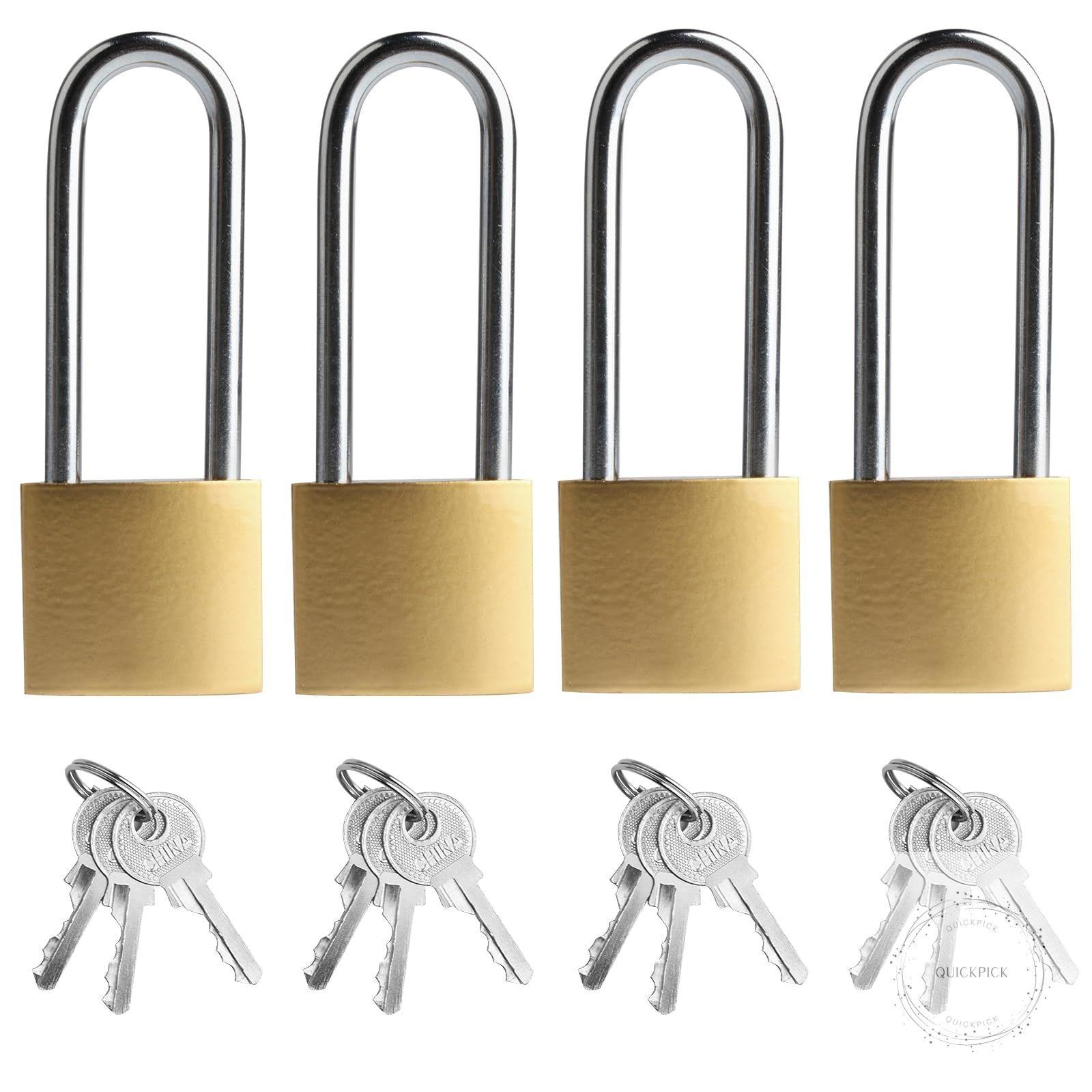 4 PCS Long Keyed Padlock Waterproof Solid Brass Lock, Padlock with Keys, 3.4