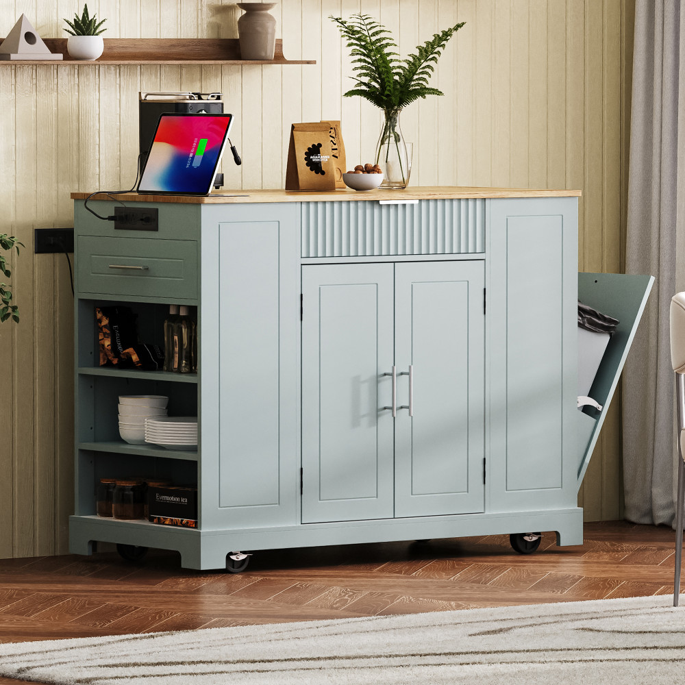 K&K Fluted Kitchen Island with Trash Can Storage Cabinet, Power Outlet
