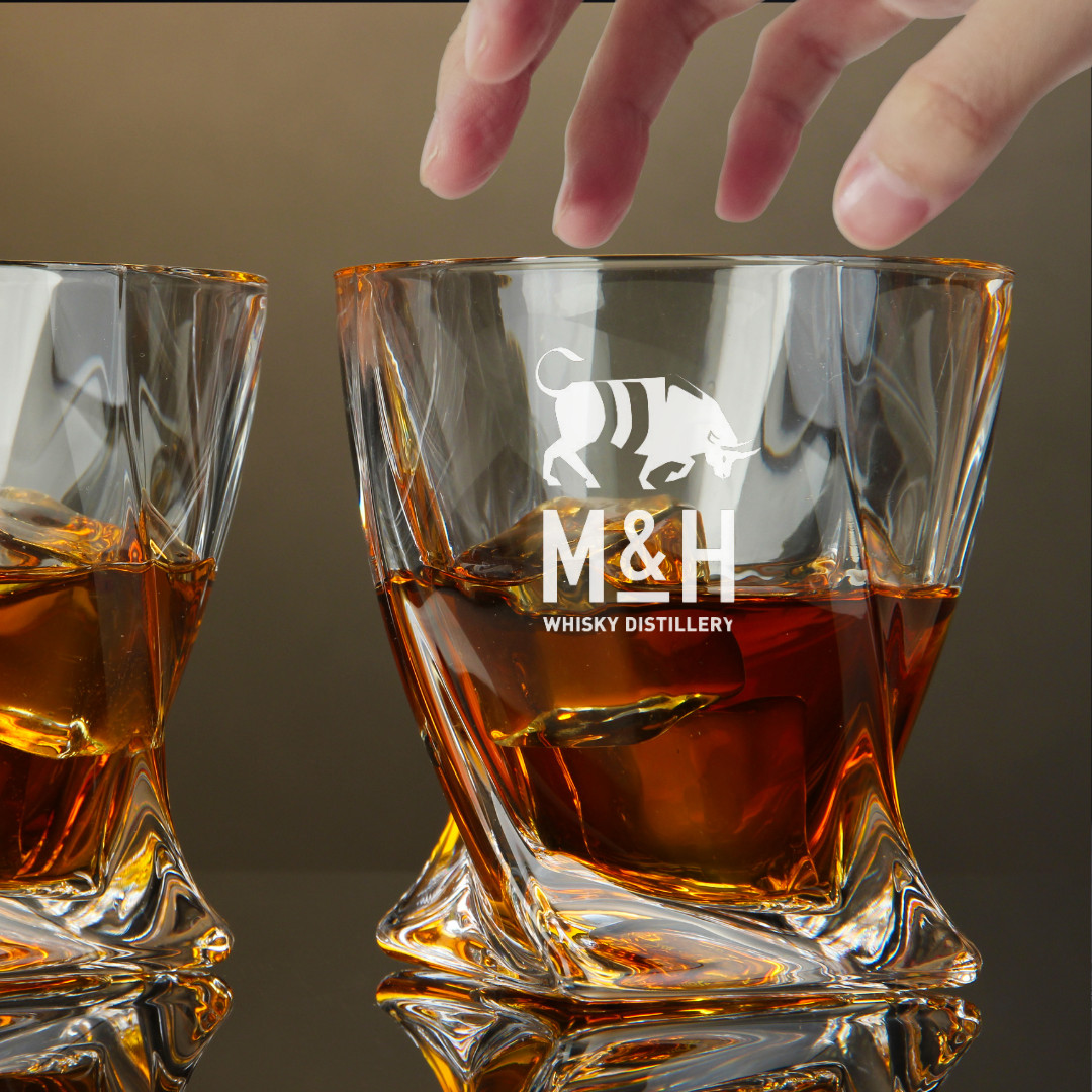 Custom Engraved M&H Whisky Distillery Whiskey Glass – 10 oz Twisted Rocks Glass