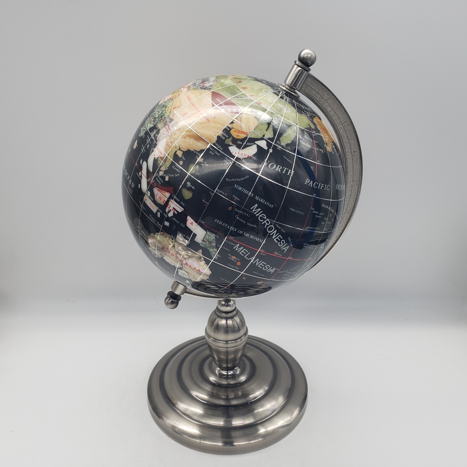 World Globe Semiprecious Gems Metal Stand 16" Tall