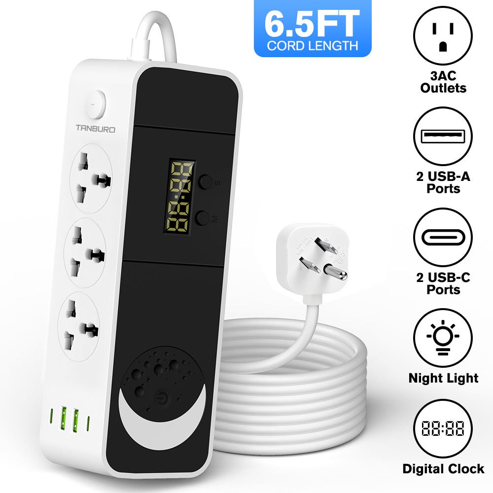 3 Outlet Surge Protector Power Strip 2USB A+2USB C with Night Light &Clock 6.5FT