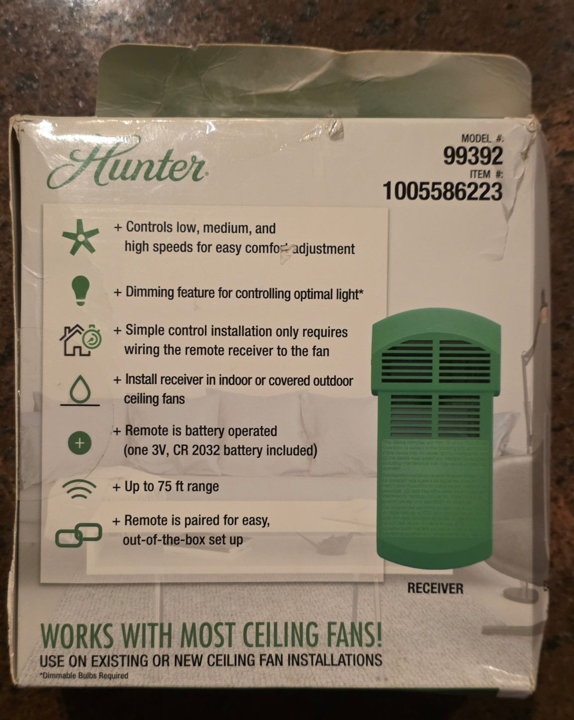 Hunter 99392 Universal 3 Speed Ceiling Fan Handheld Remote Control in White