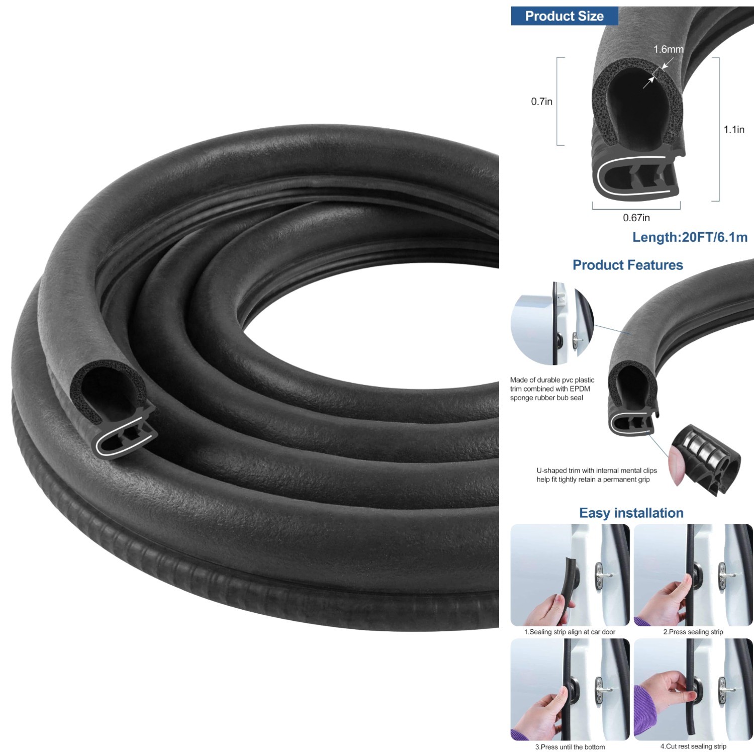 20ft Automotive Door Weather Stripping - Durable Rubber Seal for All Vehicles