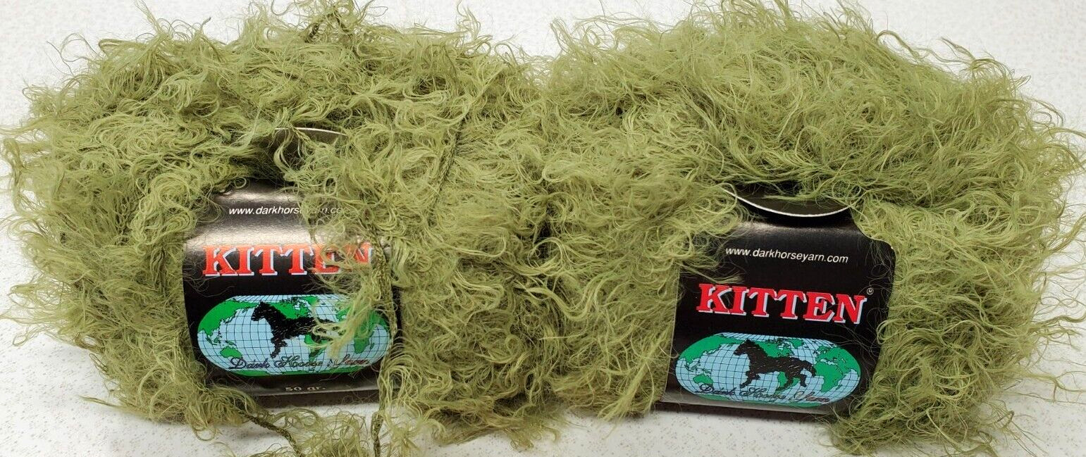 2 Dark Horse KITTEN Avocado Green Fuzzy Eyelash Yarn 50 Grams Each- Lot of 2