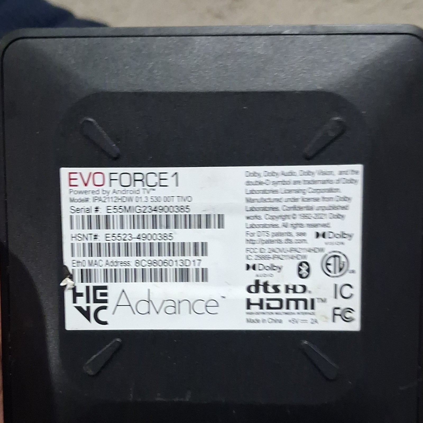 HNC Advance EVO FORCE 1 Android TV Box 2160p Wi-Fi Quad Core HDMI Ethernet