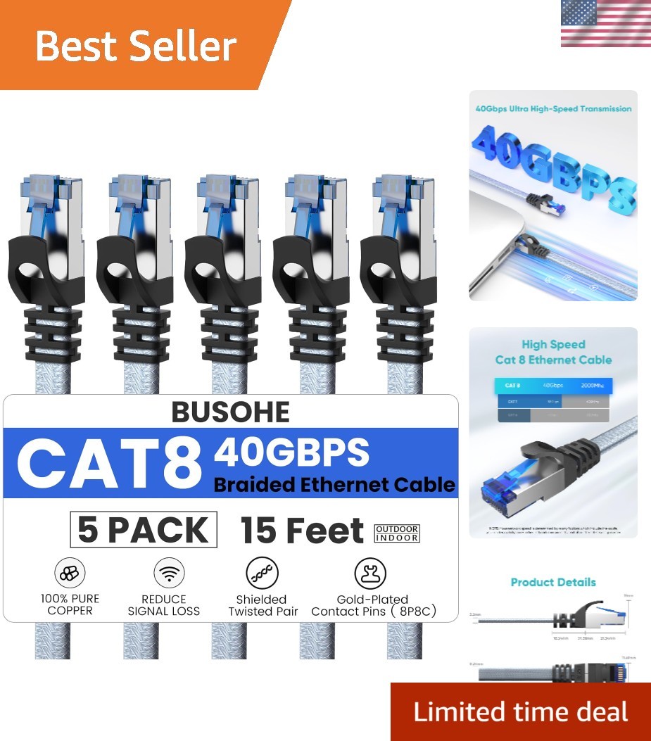 15 FT Heavy Duty Cat 8 Ethernet Cable - Ultra-Fast 40Gbps Braided Network Cords