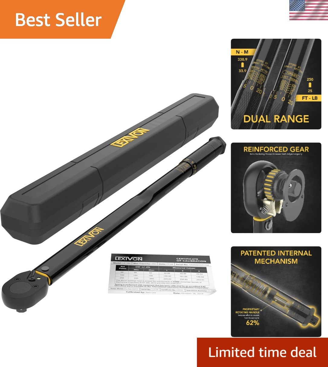 Lexivon 1/2-Inch Drive Click Torque Wrench 25-250 Ft-Lb - Lightweight & Strong