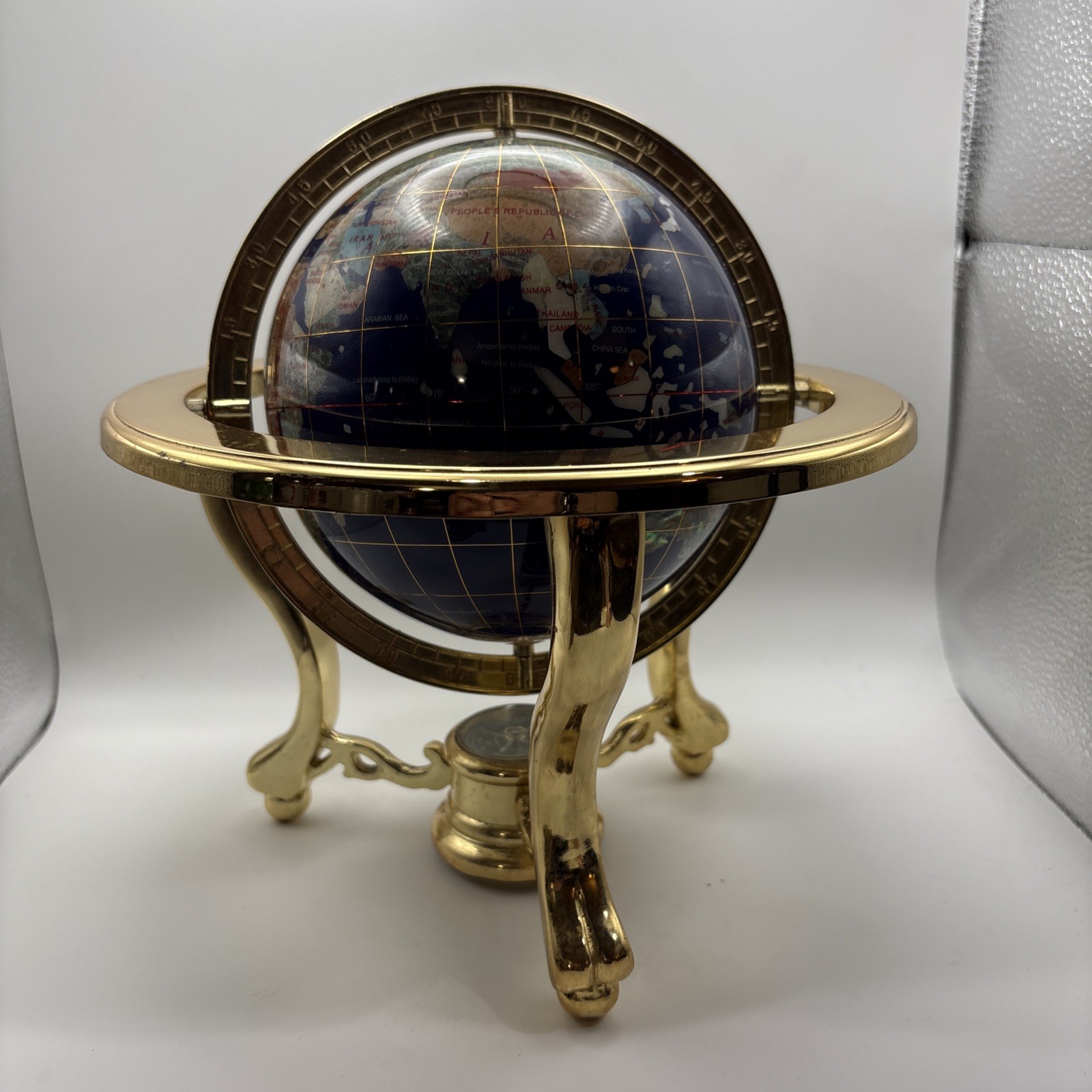 Vintage Globe Precious Inlaid Stone &Mother Of Pearl/Solid Brass! Compass