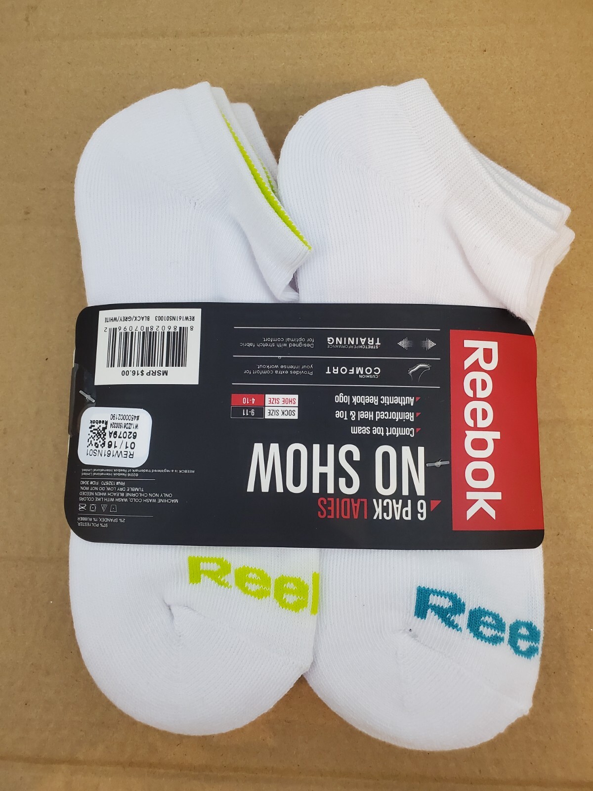 Reebok Women's No Show Socks Performance Traning 6 pack White/multi