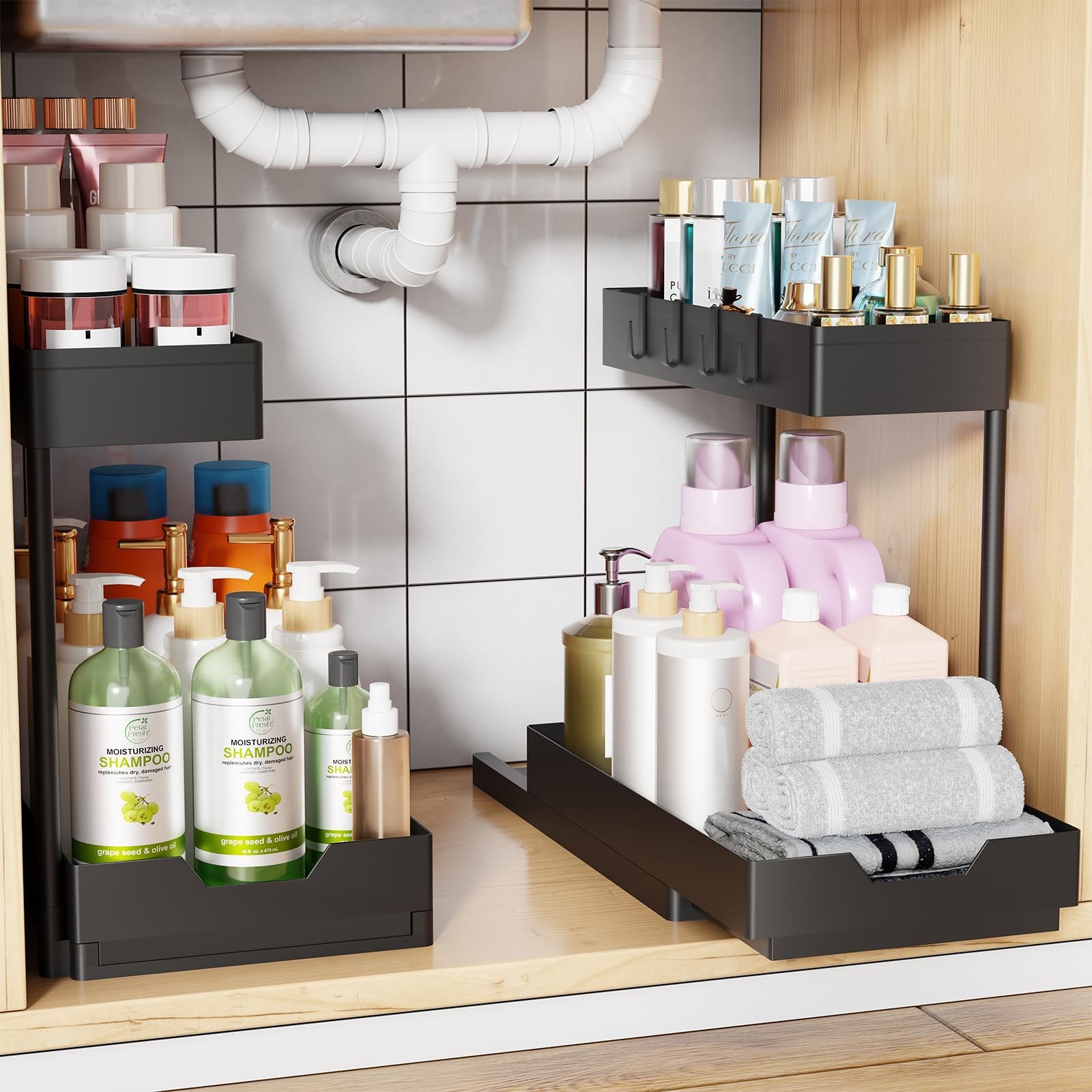 Under Sink Organizer 2 Pack, 2 Tier Cabinet Organizer with Sliding Basket, Mu...