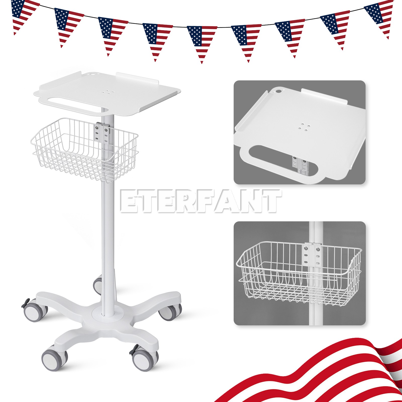 Mobile Rolling Cart Medical Trolley Cart+360°Slient Caster+Basket/Infusion Stand