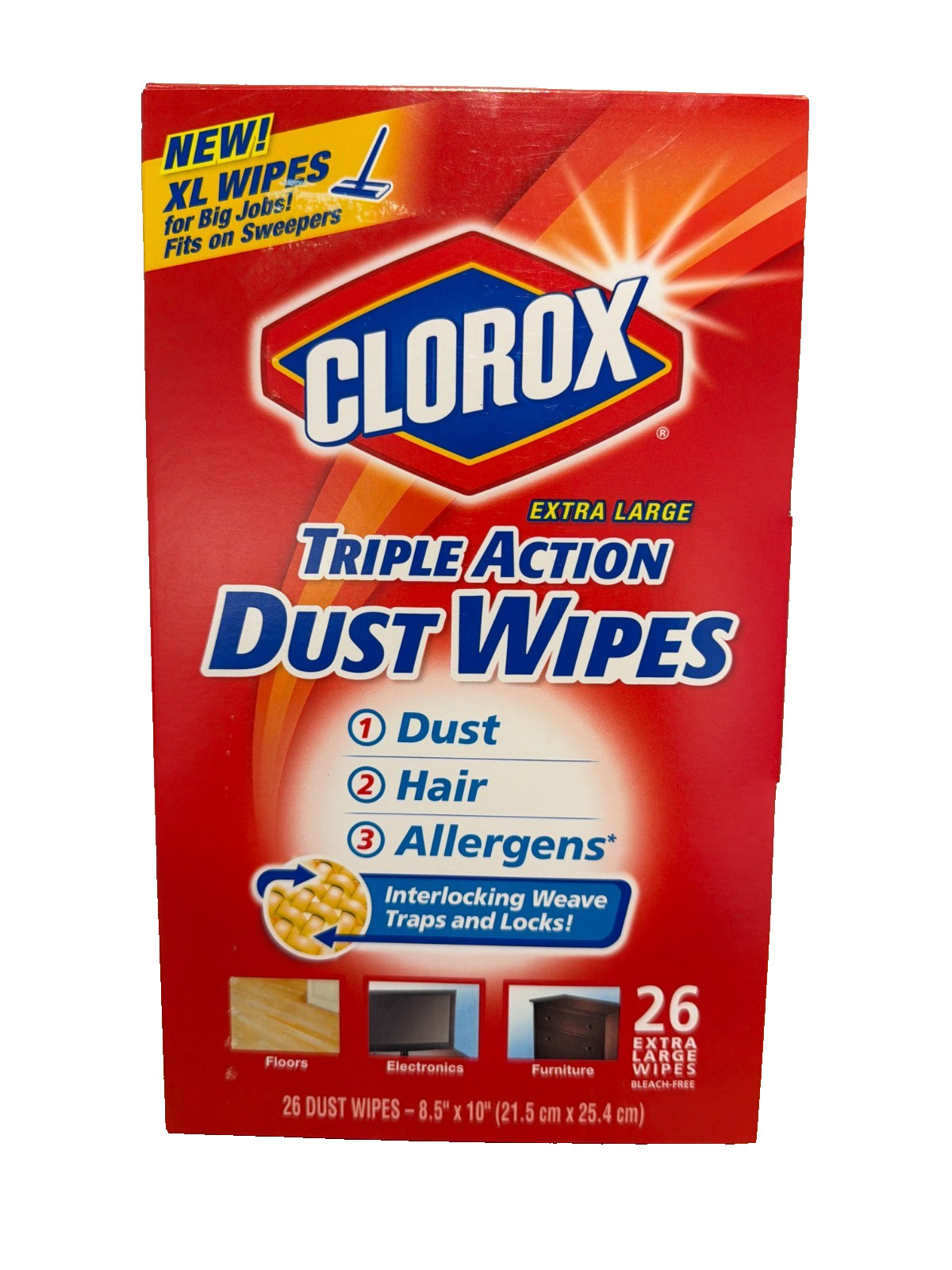 Clorox Triple Action Dust Wipes Extra Large 26 Count 2 Sided MultiSurface 8.5x10