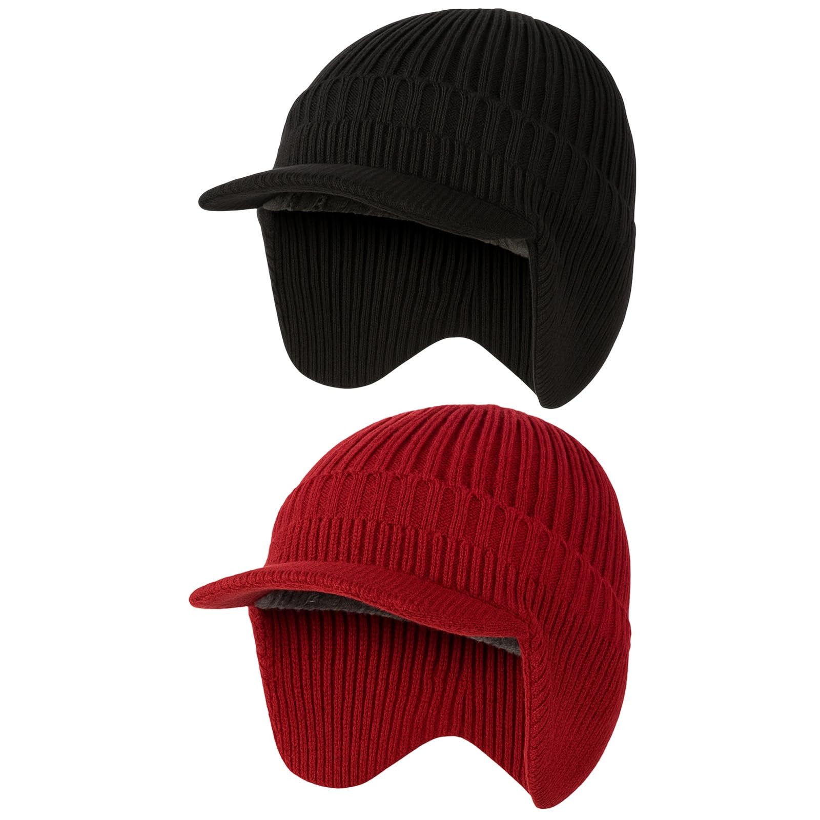 Simlakey 2 Pcs Winter Hats with Brim and Ear Flap Medium, Black, Wine Red