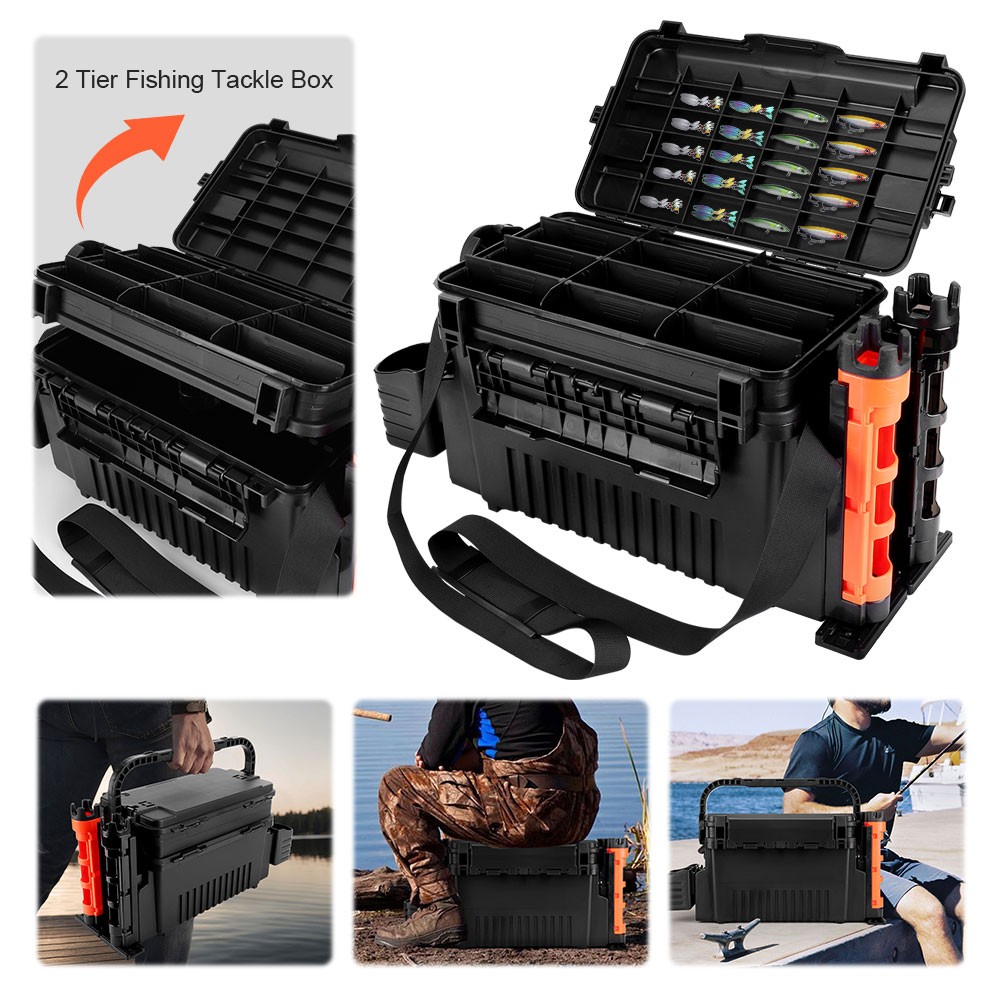 2 Tier Fishing Tackle Box Fishing Rod Reel Box Large Capacity for Fishing Lovers