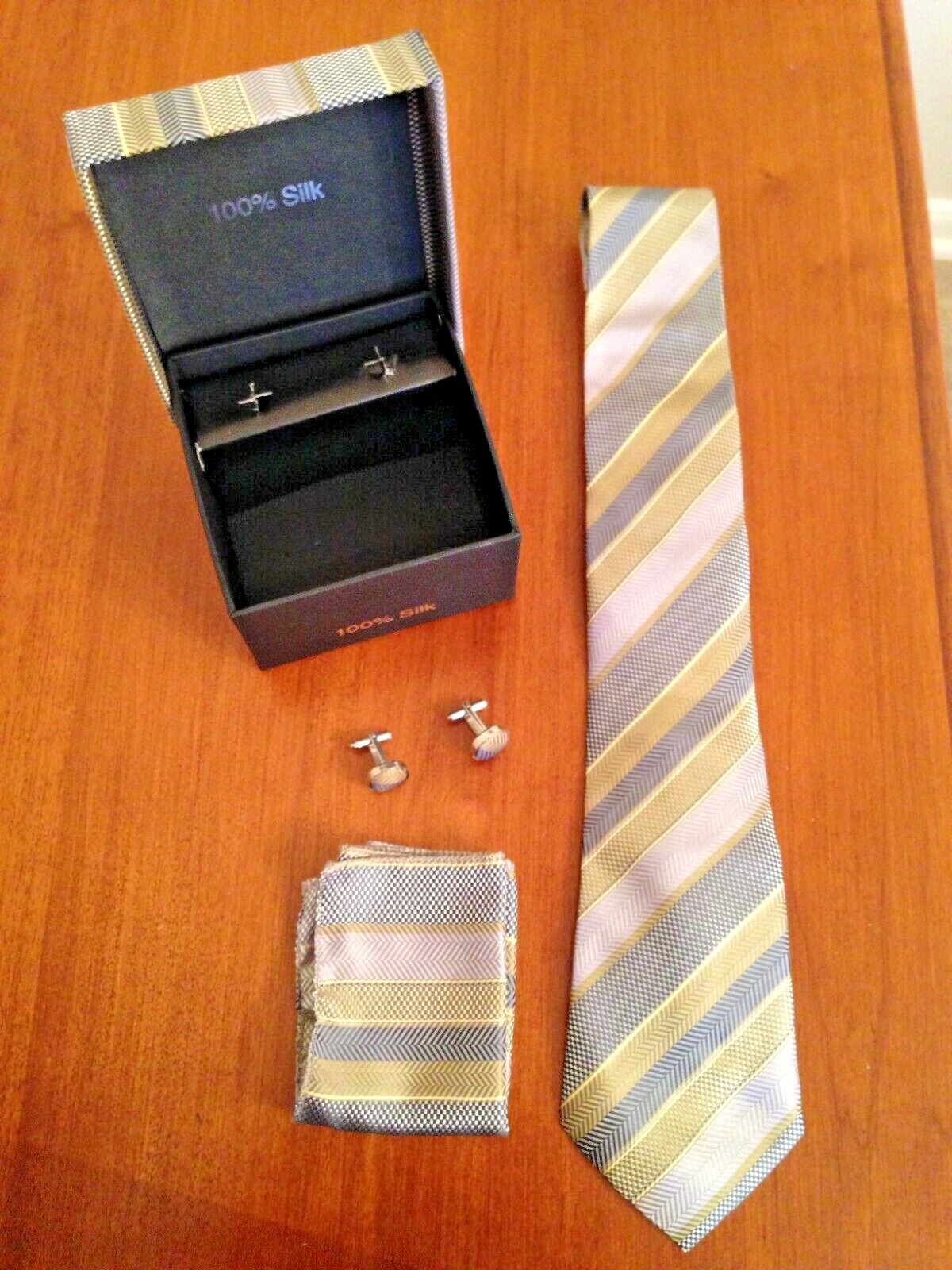 NEW, Men’s 100% Silk Tie, Handkerchief, And Cufflinks Gift Set Includes Gift Box