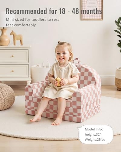 Foldable Toddler Couch, 2-in-1 Comfy Toddler Chair & Lounger Blush Checkered