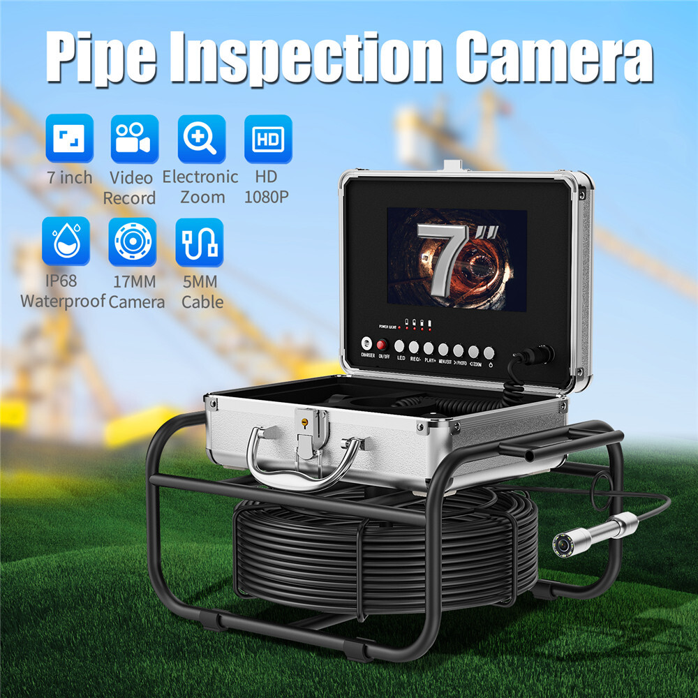 7'' Sewer Camera Pipe Inspection Camera 16GB Video DVR 17mm 30m Endoscope IP68