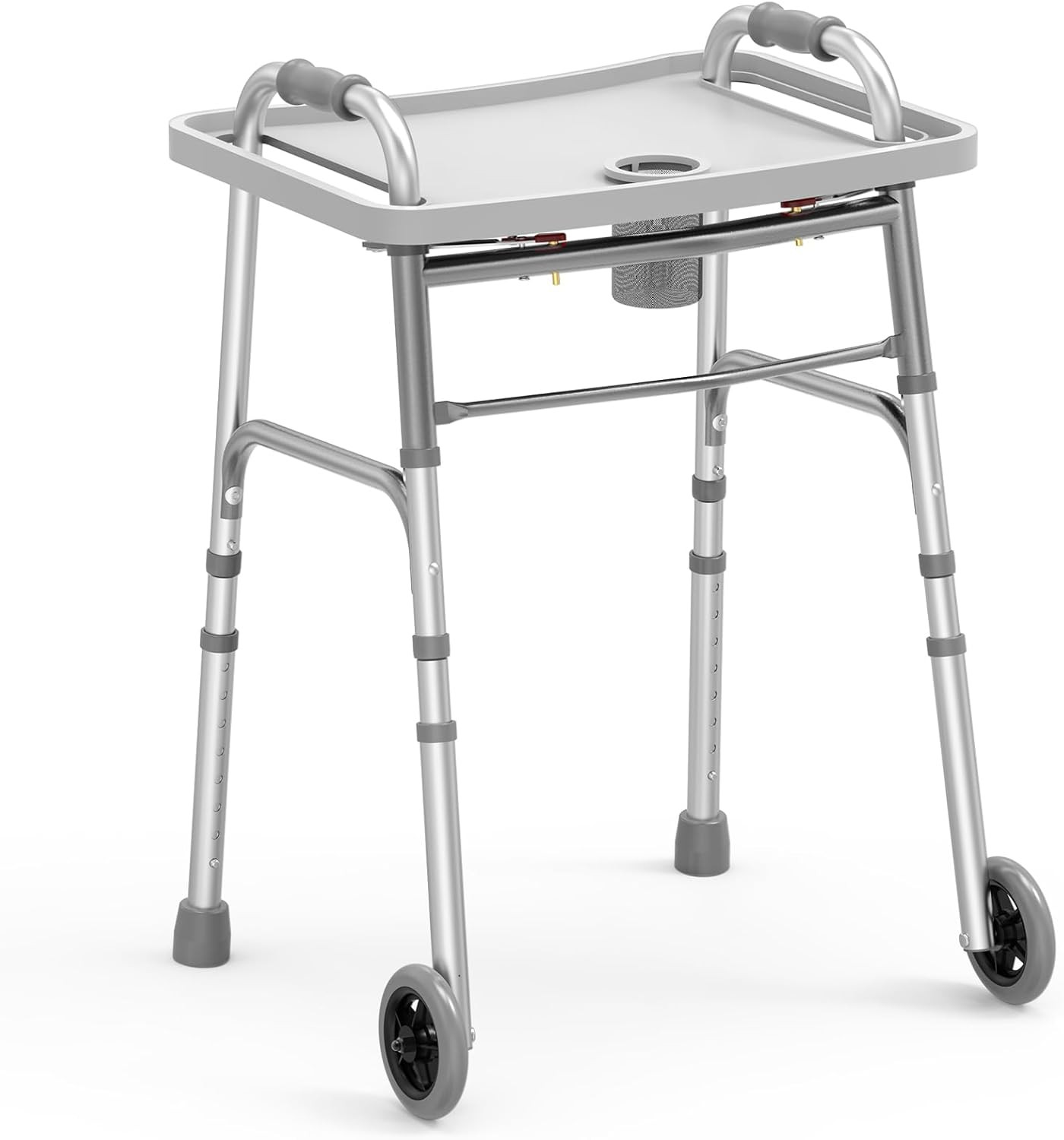 FSA/HSA Approved Folding Walker with Tray, 5" Wheels, Adjustable Height, Silver