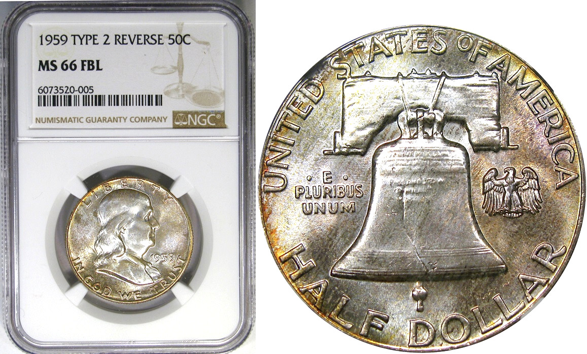 1959 50C NGC MS66FBL SILVER "TYPE 2 REVERSE" FRANKLIN ~ RARE & COLORFUL  *VIDEO*