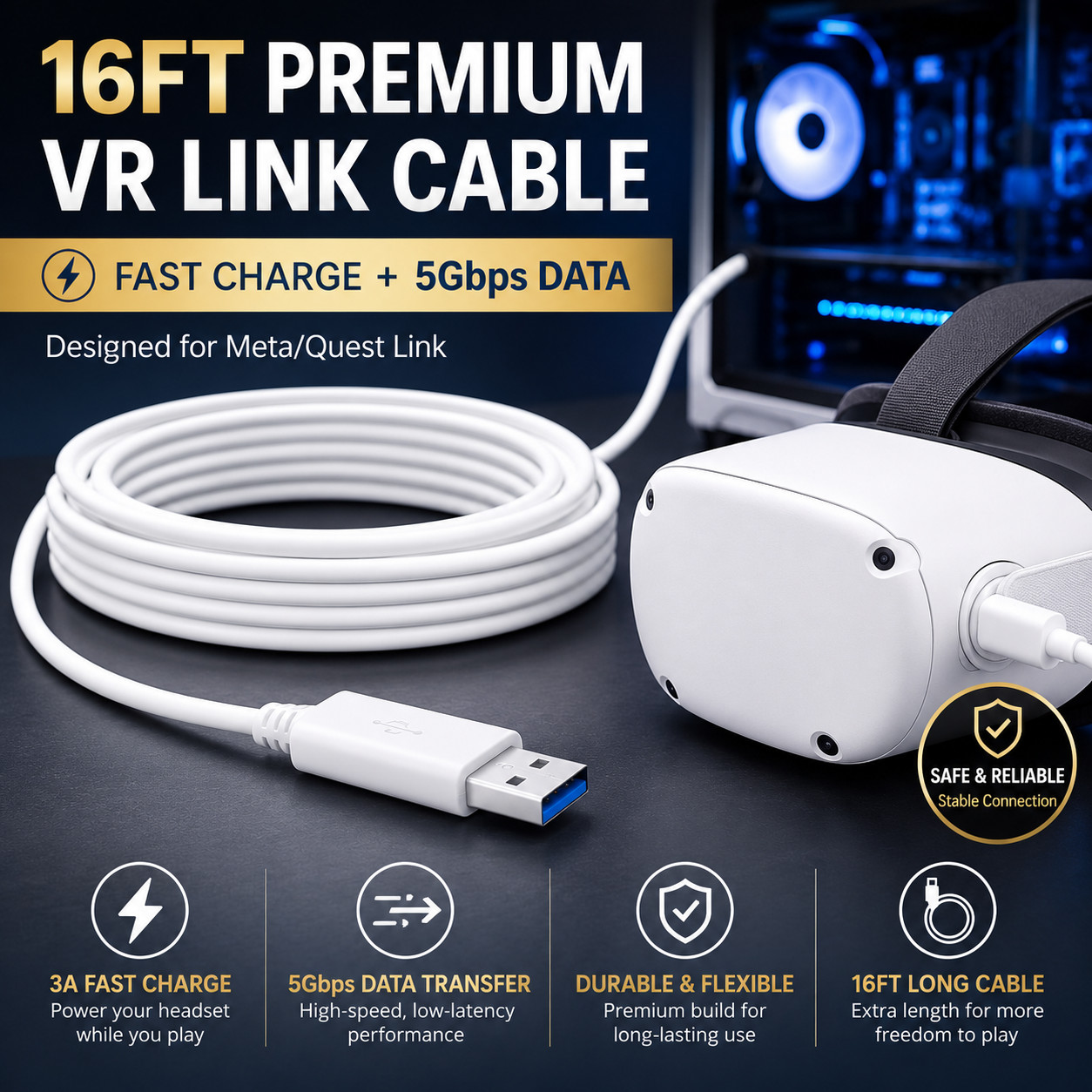 16FT VR Link Cable USB-A to USB-C for Meta Quest 2 / 3 Oculus PC VR 5Gbps