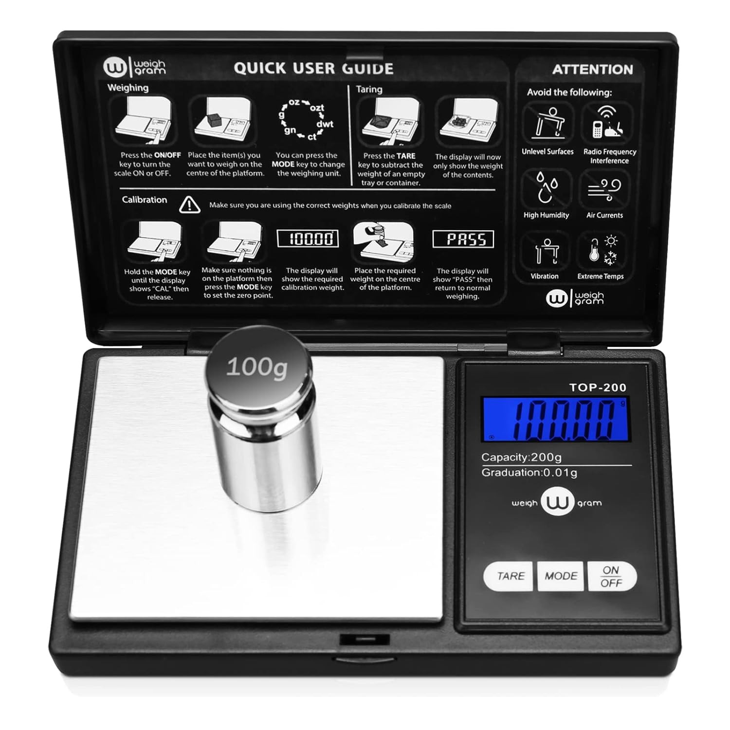 Weigh Gram 200g Digital Pocket / 0.01g (Model: TOP-100), Black
