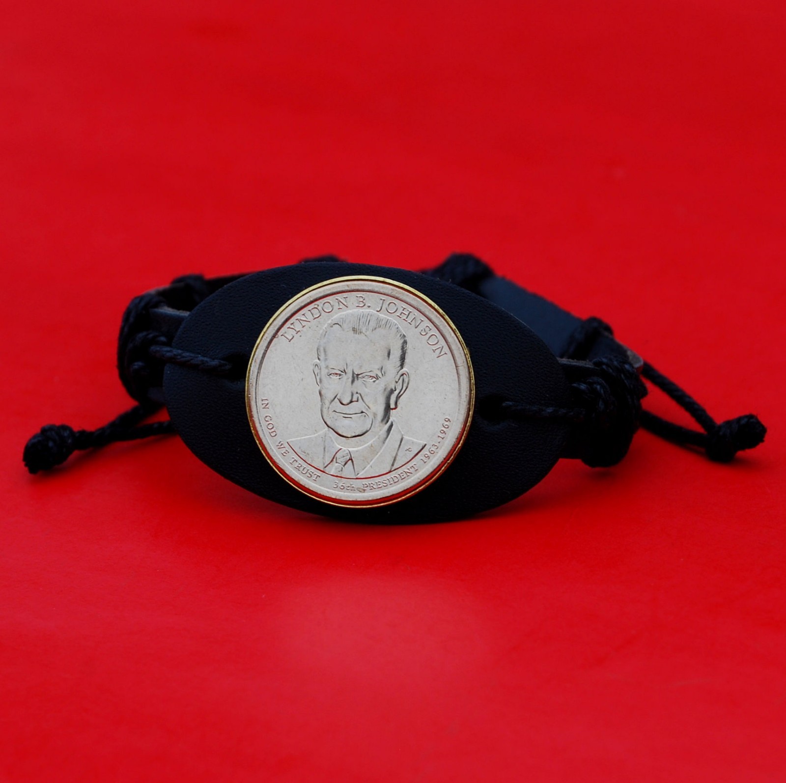 2015 Presidential Coin Genuine Leather Wristband Bracelet - Lyndon B. Johnson