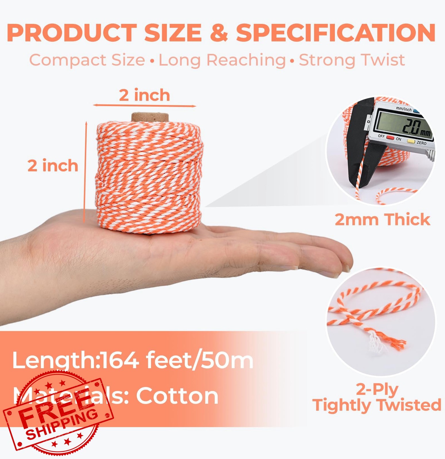 Orange White Cotton Twine String, 164ft, 2mm Thick