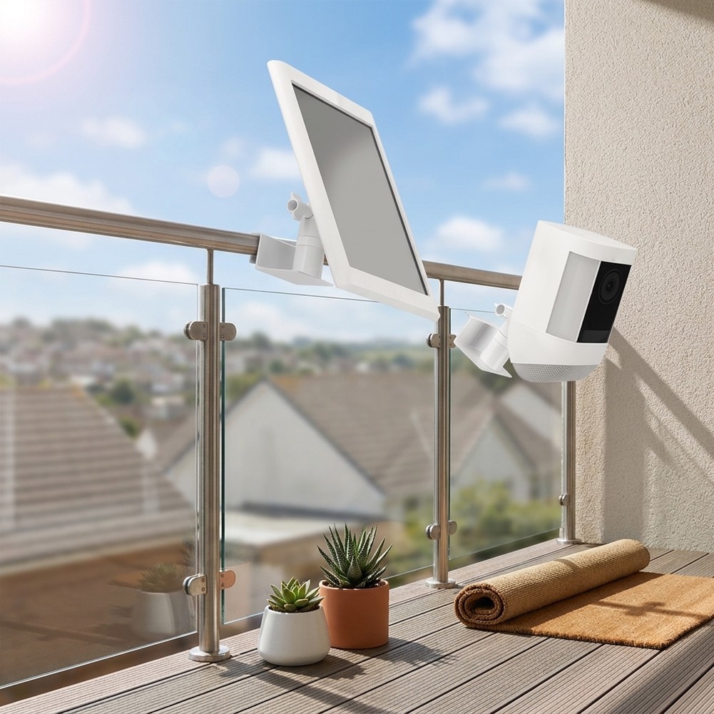 Sturdy White Metal Bracket for Simultaneous Solar Panel and Camera Mount