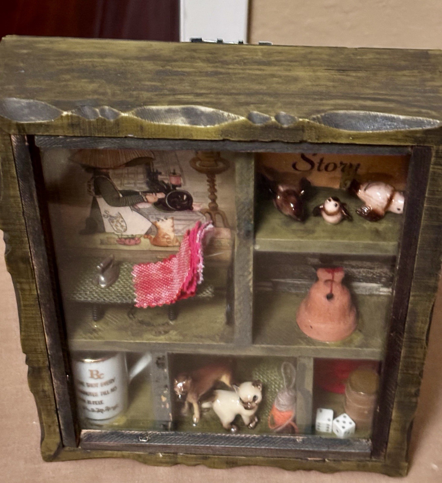 VTG Wooden Capistrano Shadow Box-Swallows Cat Dog Iron Holly Hobbie Rx Dice Bell