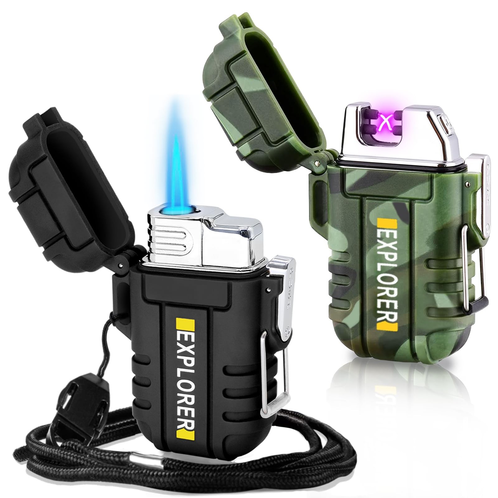 2 Pack Waterproof Lighter Outdoor Windproof Torch Lighters Dual Arc Butane El...