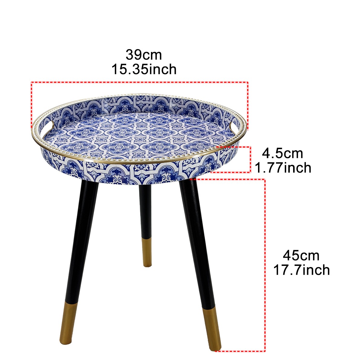 Round Accent Side Table Blue White Pattern Gold Trim Removable Legs