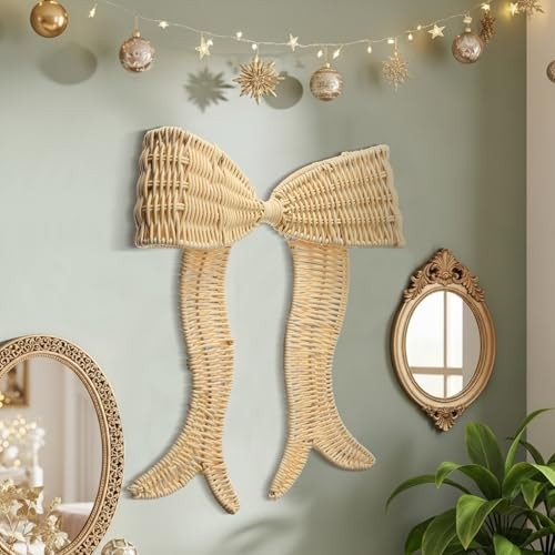 Rattan Bow Wall Decoration Boho Bow Wall Decor Woven Natural Hanging Beige