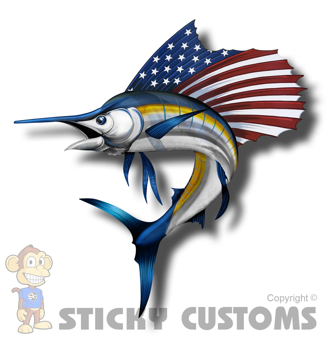 6" Sword Fish American Flag Sticker Marlin Fishing Boat Car Vehicle Bumper Decal