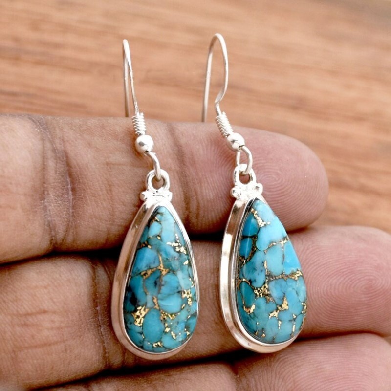 925 Sterling Silver Pear Shape Blue Copper Turquoise Gemstone Women Earrings