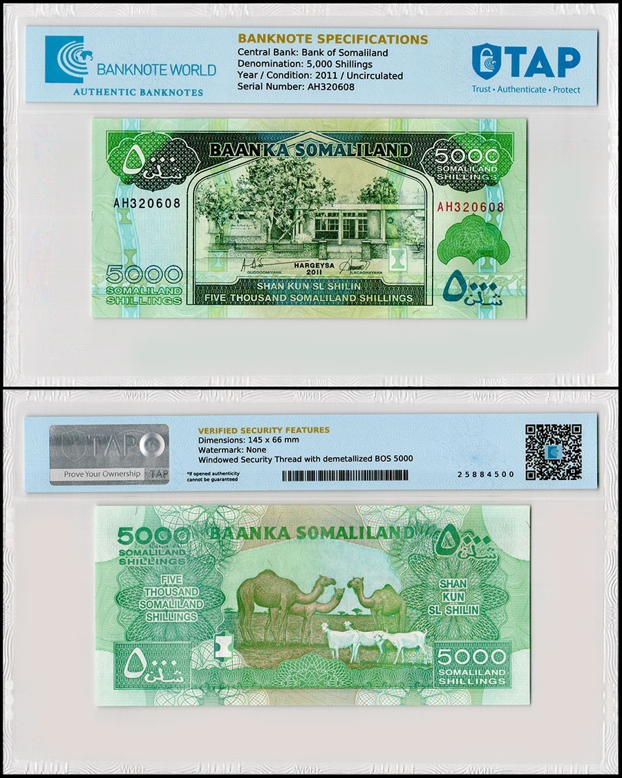 Somaliland 5000 Shillings, 2011, P-21a, UNC, TAP Authenticated