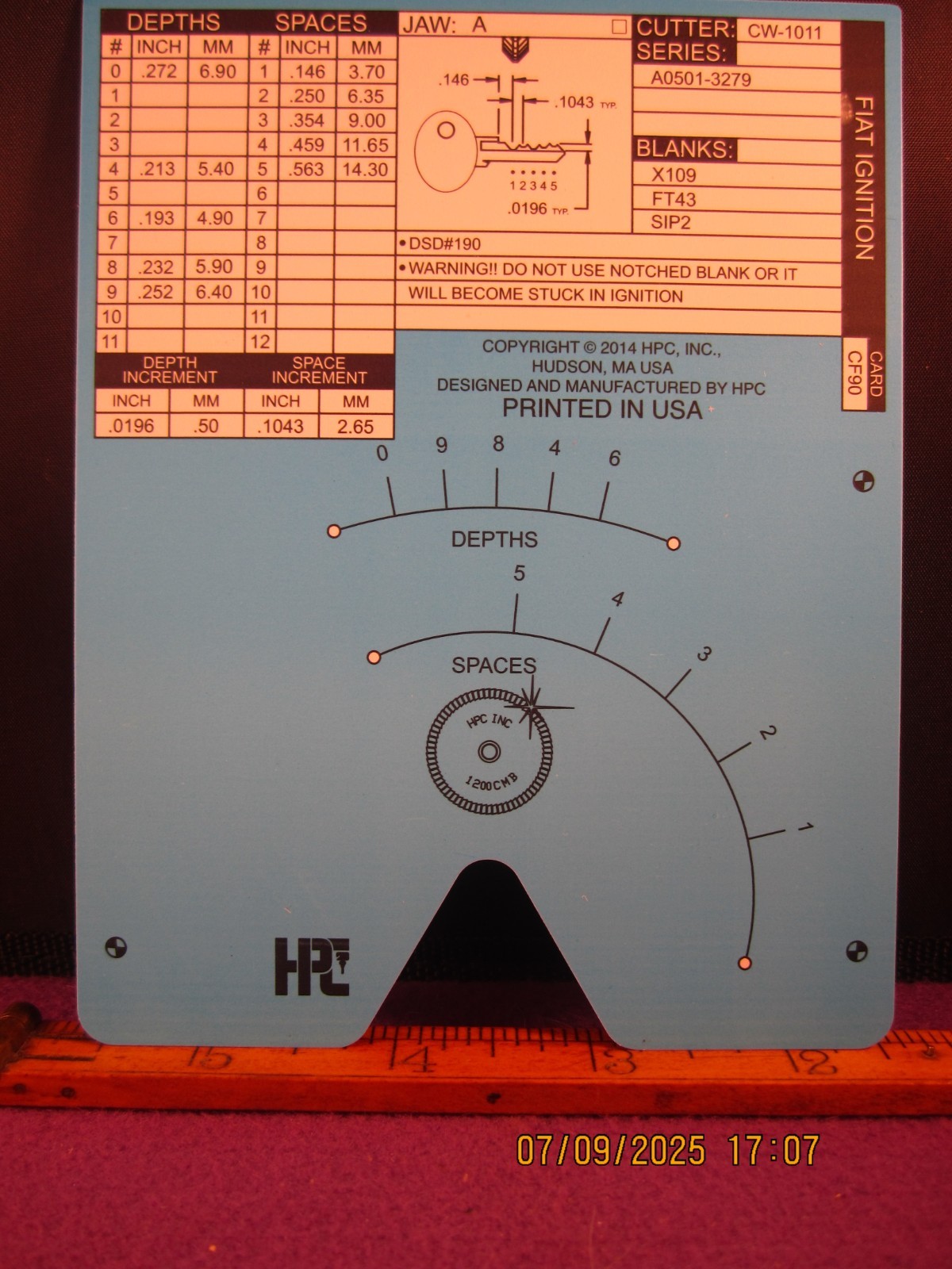 HPC 1200 BLITZ KEY CODE CARD CF 90  ( FIAT IGNITION ) BRAND NEW