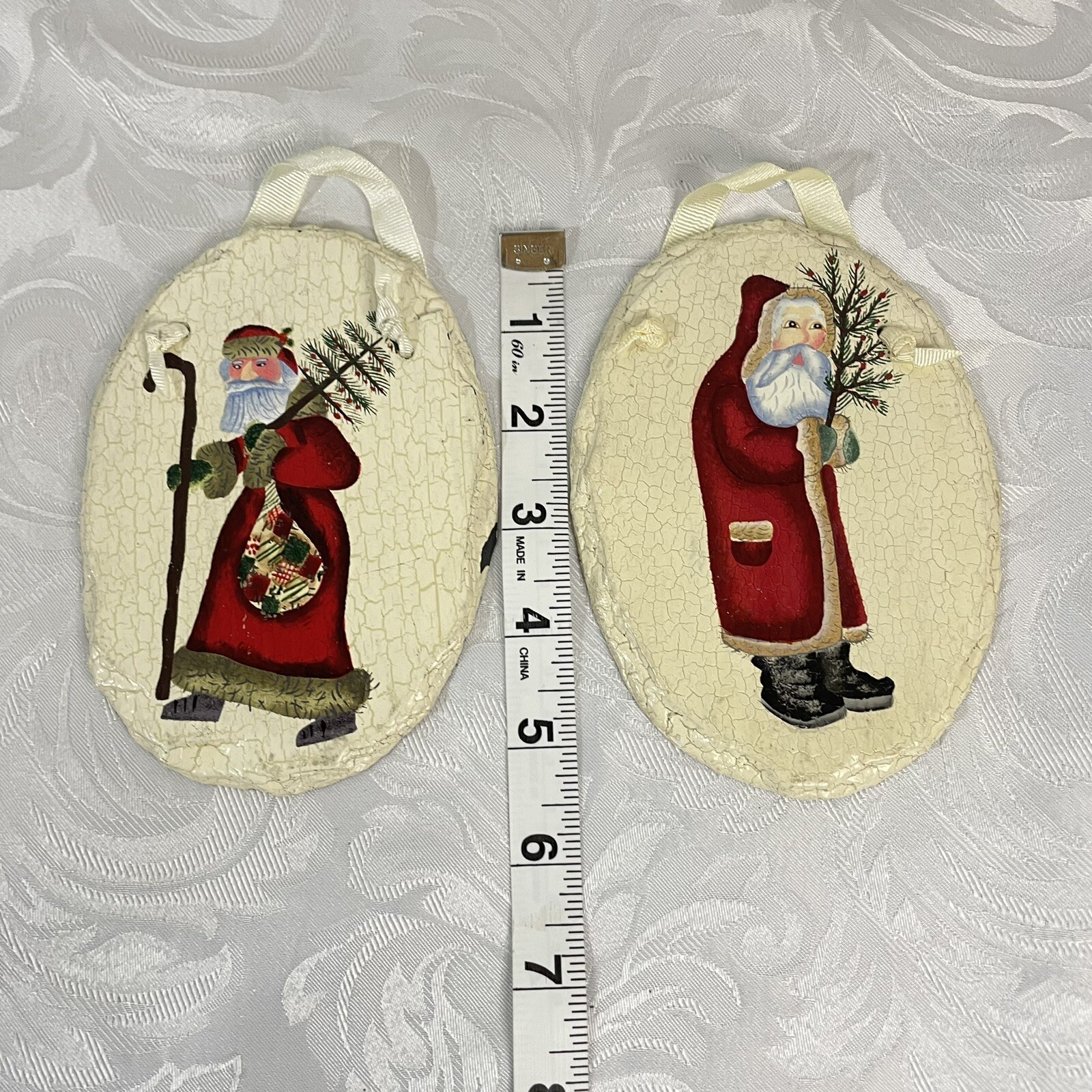 Set up 2 Hanging Handpainted Santas On Slate
