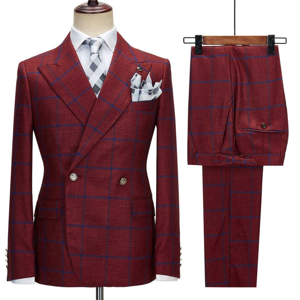 Men's 2-piece slim fit suit with checkered blue and red lapel double row suit